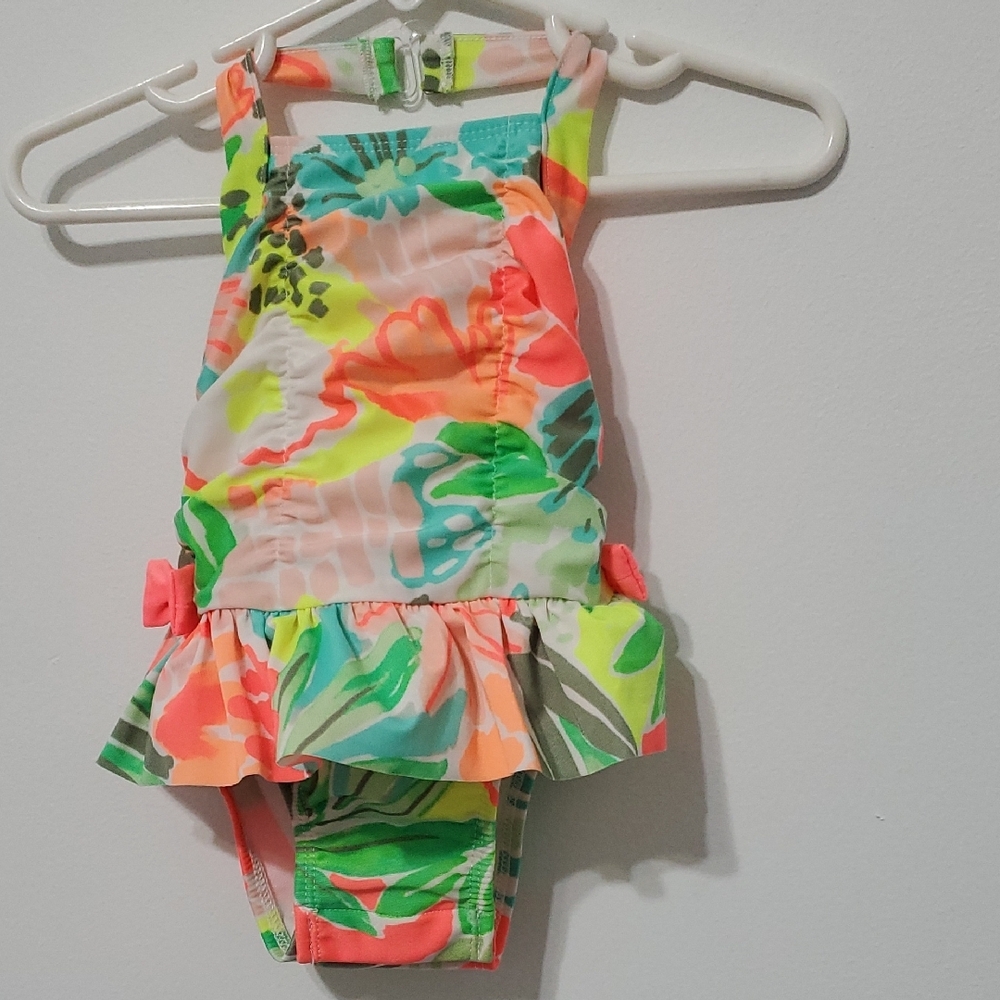 Cat & Jack Vibrant Green and Orange One Piece Swimsuit with Playful Ruffles
